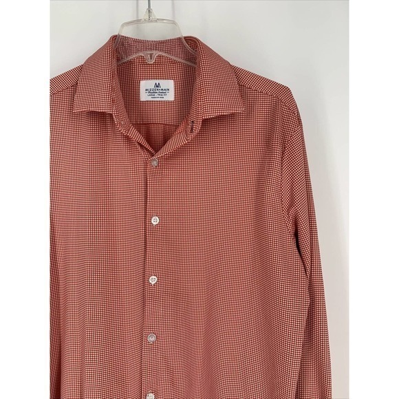 Mizzen +Main Trim Fit Large Long Sleeve Button Up Red & White Check‎ No Wrinkle - Picture 1 of 9